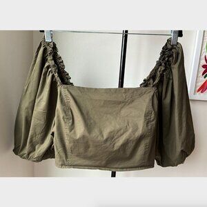 Jason Wu Dark Olive Green Puff Sleeves Square Neck Top - Size XL